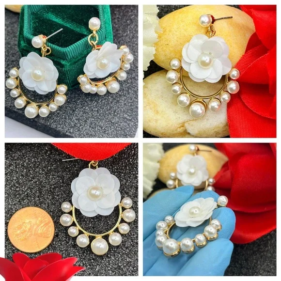 NEW Elegant Gold-Tone White Flowers and Simulated Pearls Drop Earrings - Picture 2 of 3